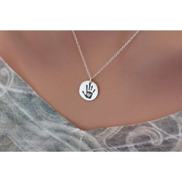 Sterling Silver Custom Handprint Round Charm Necklace, Engraved Handprint Charm - Picture 1 of 5